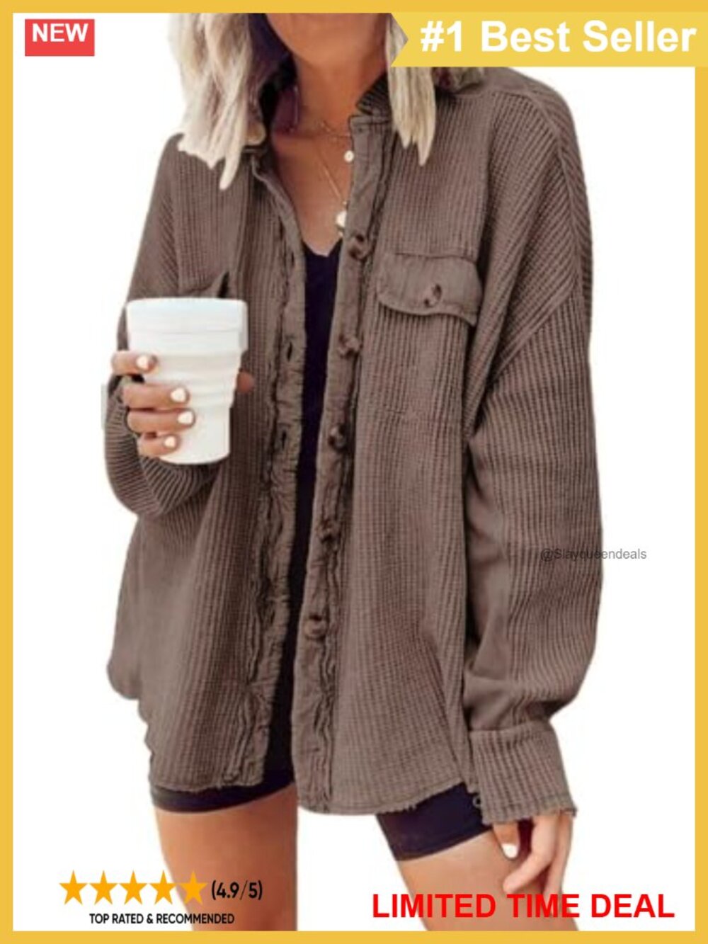 Casual Waffle Knit Shacket Loose Fit Button Down Shirt Top